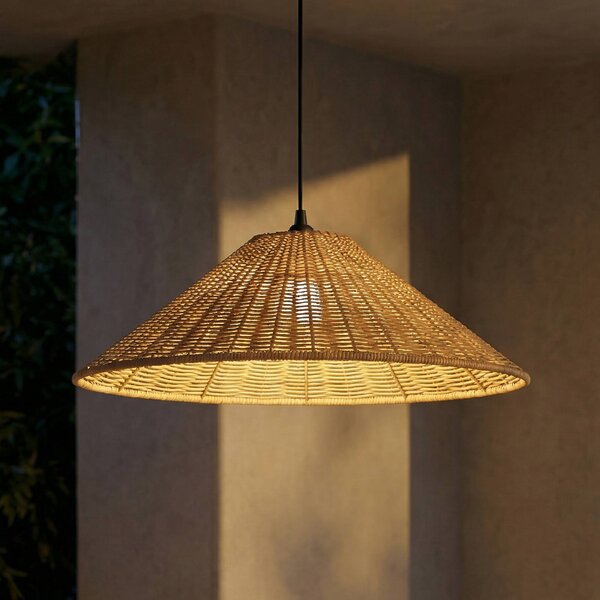 Lucande Venkovní závěsná lampa Taniola, 1 žárovka, kuželovitá, Ø 60 cm, stmívatelný, Tmavé dřevo, Dřevo, Venkovský / rustikální