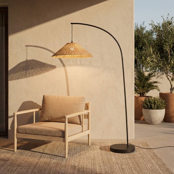 Lucande Venkovní lampa Taniola, kuželovitá, ratan, 195 cm, IP44, Tmavé dřevo, Dřevo, Venkovský / rustikální, stojací lampa