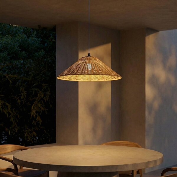 Lucande Venkovní závěsná lampa Taniola, 1 žárovka, kuželovitá, Ø 60 cm, stmívatelný, Tmavé dřevo, Dřevo, Venkovský / rustikální