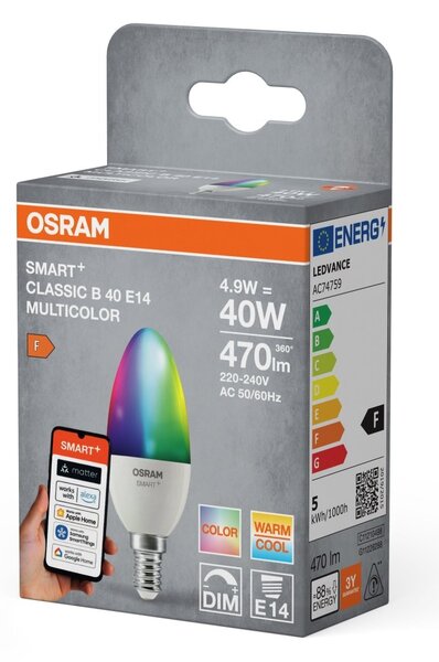 Smart LED žárovka SMART+ MATTER Multicolor Classic B40, 4.9W, E14