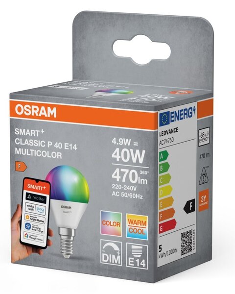 Smart LED žárovka SMART+ MATTER Multicolor Classic P40, 4.9W, E14