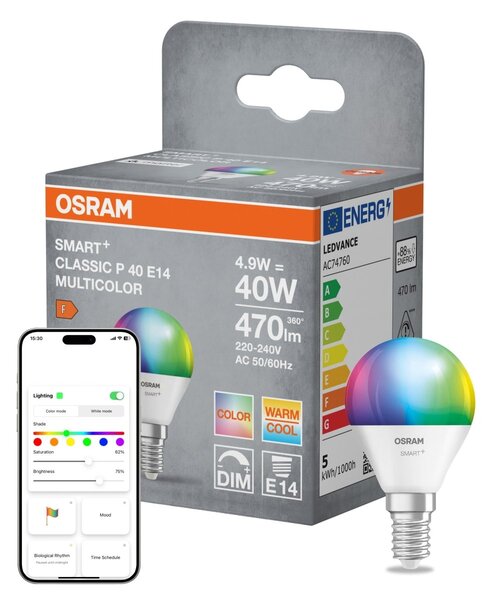 Smart LED žárovka SMART+ MATTER Multicolor Classic P40, 4.9W, E14