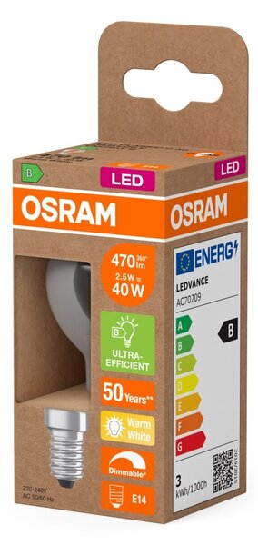 LED žárovka Classic P 40 Filament DIM, Třída B, 2.5W, Teplá bílá, Čirá, E14