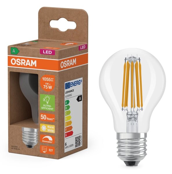 LED žárovka Classic A 75 Filament DIM, Třída A, 5W, Teplá bílá, Čirá, E27