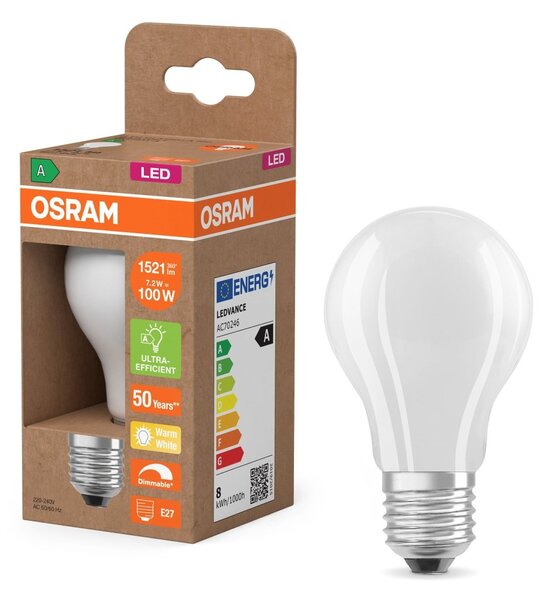 LED žárovka Classic A 100 Filament DIM, Třída A, 7.2W, Teplá bílá, Matná, E27