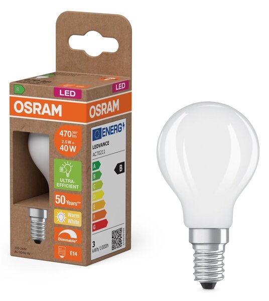 LED žárovka Classic P 40 DIM, Třída B, 2.5W, Teplá bílá, Matná, E14