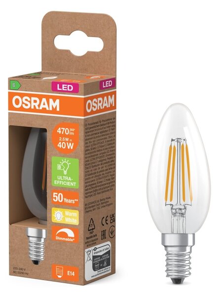 LED žárovka Classic B 40 Filament DIM, Třída B, 2.5W, Teplá bílá, Čirá, E14