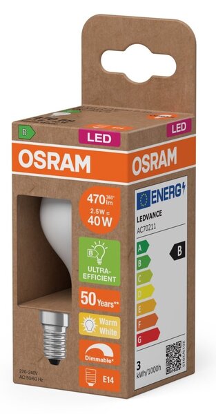 LED žárovka Classic P 40 DIM, Třída B, 2.5W, Teplá bílá, Matná, E14