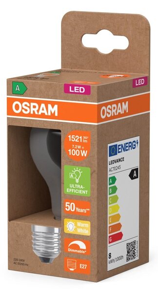 LED žárovka Classic A 100 Filament DIM, Třída A, 7.2W, Teplá bílá, Čirá, E27