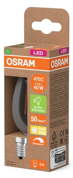 LED žárovka Classic B 40 Filament DIM, Třída B, 2.5W, Teplá bílá, Čirá, E14