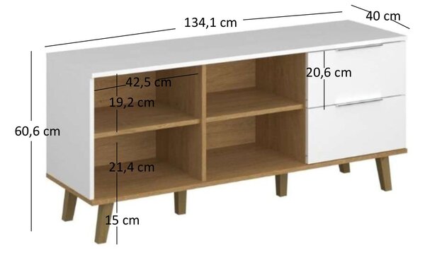 Komoda Nickole 2S/134 (bílá + dub kamenný). Akce -23%