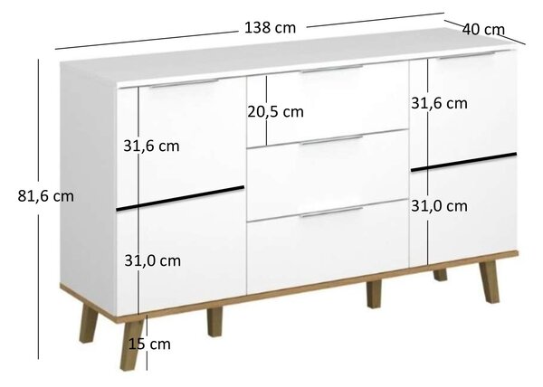 Komoda Nickole (bílá + dub kamenný). Akce -22%