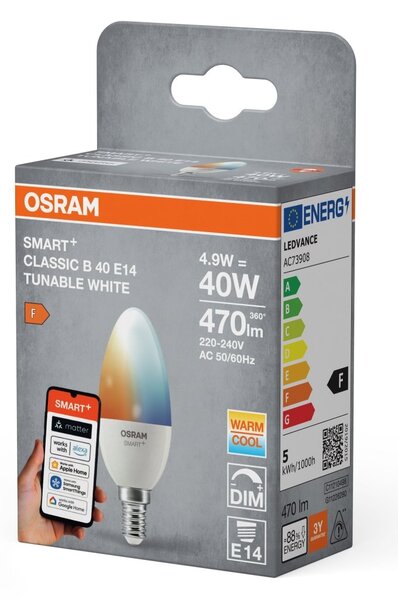 Smart LED žárovka SMART+ MATTER Tunable White Classic B40, 4.9W, E14