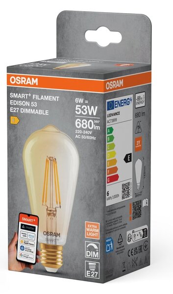 Smart LED žárovka SMART+ MATTER Filament Classic Edison 53, 6W, Teplá bílá, Zlatá, E27
