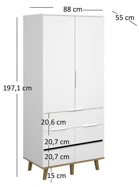 Šatní skříň Nickole (bílá + dub kamenný). Akce -21%