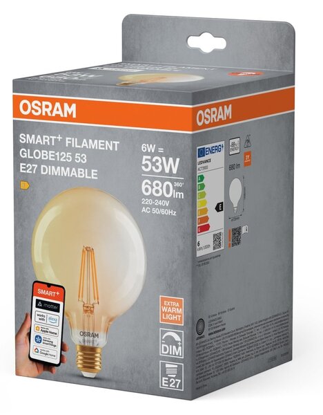 Smart LED žárovka SMART+ MATTER Filament Classic Globe 53, 6W, Teplá bílá, Zlatá, E27