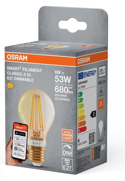 Smart LED žárovka SMART+ MATTER Filament Classic A53, 6W, Teplá bílá, Zlatá, E27