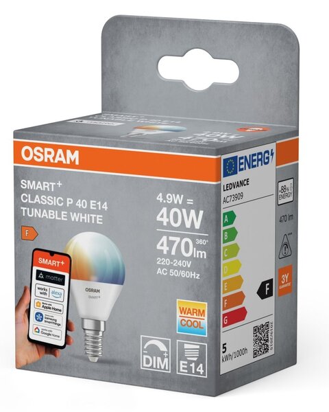 Smart LED žárovka SMART+ MATTER Tunable White Classic P40, 4.9W, E14