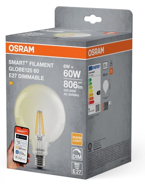 Smart LED žárovka SMART+ MATTER Filament Classic Globe, 6W, Teplá bílá, E27