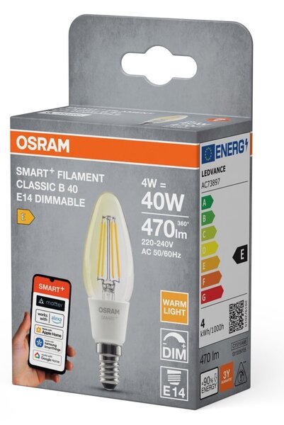 Smart LED žárovka SMART+ MATTER Filament Classic B40, 4W, Teplá bílá, E14