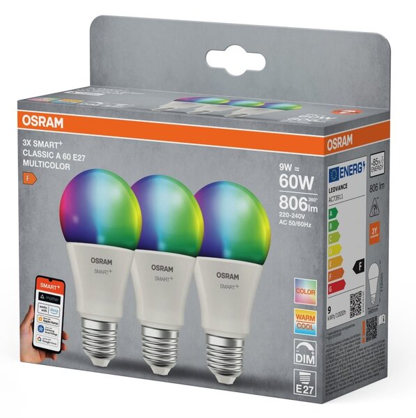 Smart LED žárovka SMART+ MATTER Multicolor Classic A60, 9W, E27, Triple Pack