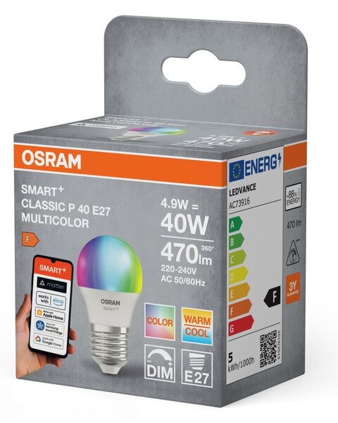 Smart LED žárovka SMART+ MATTER Multicolor Classic P40, 4.9W, E27