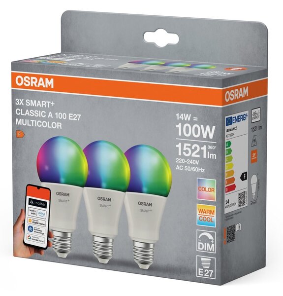 Smart LED žárovka SMART+ MATTER Multicolor Classic A100, 14W, E27, Triple Pack