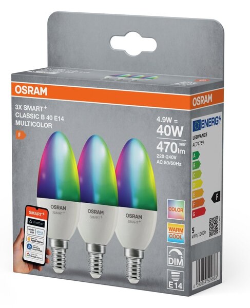 Smart LED žárovka SMART+ MATTER Multicolor Classic B40, 4.9W, E14, Triple Pack