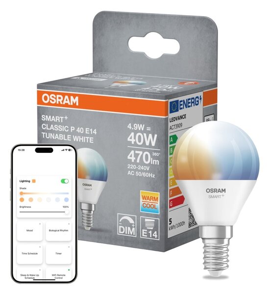 Smart LED žárovka SMART+ MATTER Tunable White Classic P40, 4.9W, E14