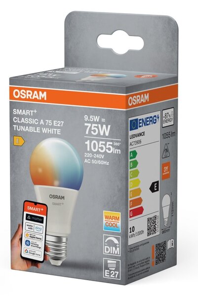 Smart LED žárovka SMART+ MATTER Tunable White Classic A75, 9.5W, E27