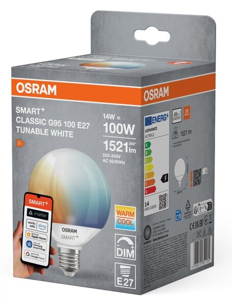 Smart LED žárovka SMART+ MATTER Globe 95 100, 14W, Nastavitelná bílá, E27