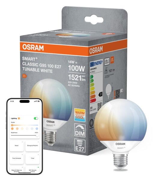 Smart LED žárovka SMART+ MATTER Globe 95 100, 14W, Nastavitelná bílá, E27