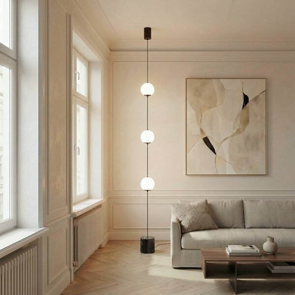 Lucande LED stojací lampa Darrow, černá/opálová, sklo, stmívatelné, stmívatelný, Bílá / opál, Obývací pokoj / jídelna, Sklo, Moderní