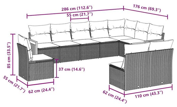 10dílná zahradní sedací souprava s poduškami černá polyratan