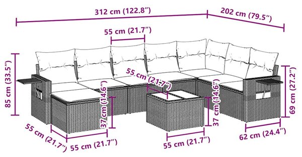 9dílná zahradní sedací souprava a podušky světle šedá polyratan