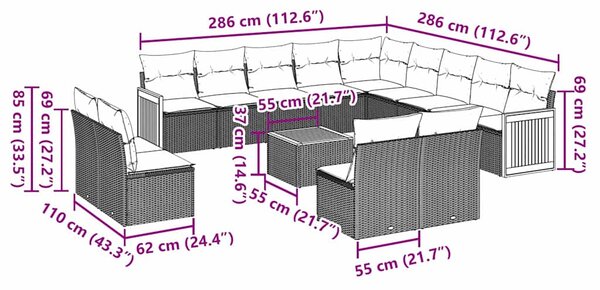 14dílná zahradní sedací souprava s poduškami černá polyratan