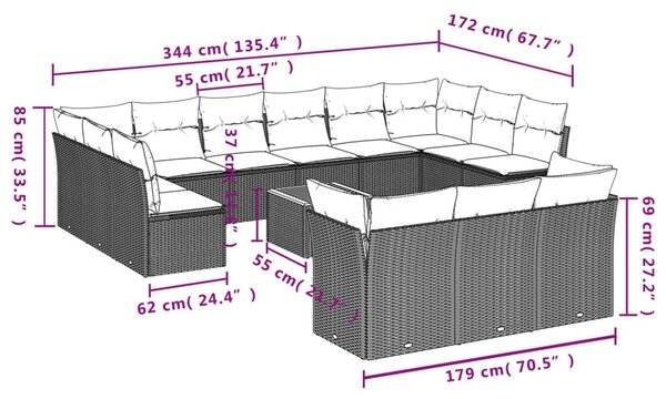 14dílná zahradní sedací souprava s poduškami šedá polyratan 3223925