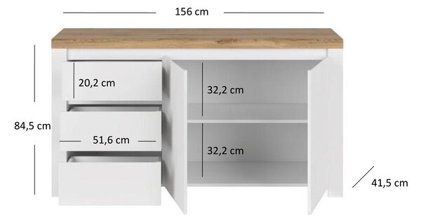 Komoda Vina 2d3s (bílá lesklá + dub wotan). Akce -25%