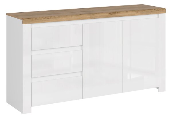 Komoda Vina 2d3s (bílá lesklá + dub wotan). Akce -25%
