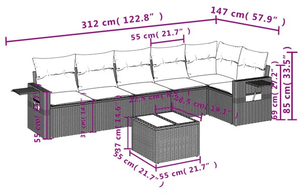 7dílná zahradní sedací souprava s poduškami béžová polyratan 3252535