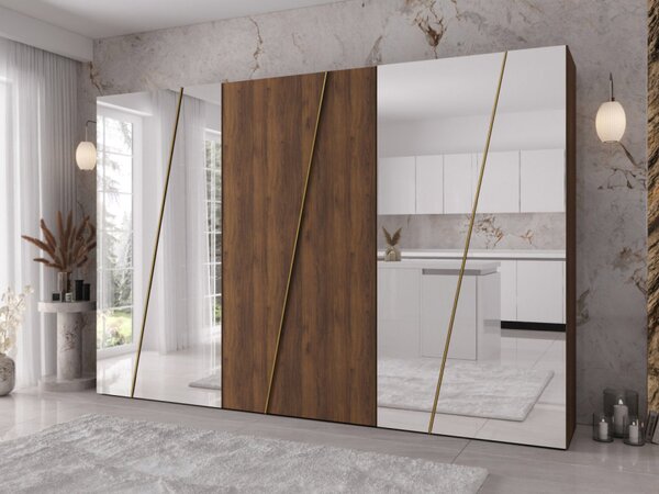 Moderní skříň se zrcadlem Grelipt 4L 300 cm, Barva: ořech warmia / ořech warmia + zlatá 5903211532450