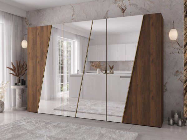 Moderní skříň se zrcadlem Grelipt 4L 300 cm, Barva: ořech warmia / ořech warmia + zlatá 5903211532450