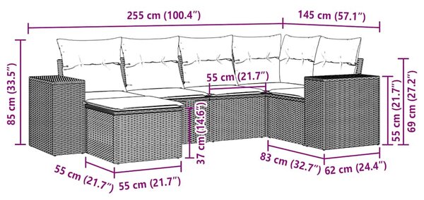 6dílná zahradní sedací souprava a podušky světle šedá polyratan