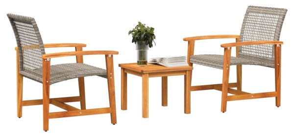 3dílný bistro set šedý polyratan a akáciové dřevo