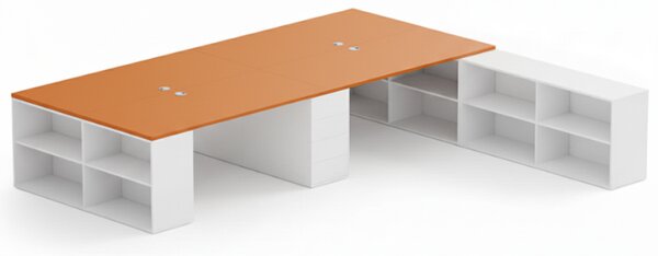 Kancelářská sestava stolů BLOCK B05, 4 místa s úložným prostorem, 360x320 cm, bílá/oranžová