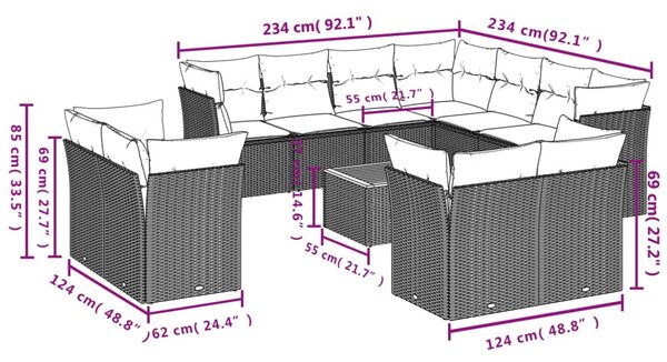 12dílná zahradní sedací souprava s poduškami černá polyratan 3223942