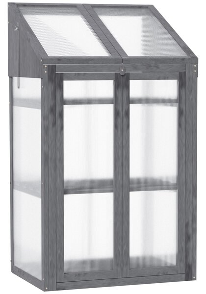 Outsunny Dřevěný Mini Skleník 70 x 50 x 120 cm, Skleník s Krytem, Okno, Dvojité Dveře, Světlo-Propouštějící Studený Rám se 3 Policemi, Zimní Ochranný