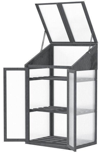 Outsunny Dřevěný Mini Skleník 70 x 50 x 120 cm, Skleník s Krytem, Okno, Dvojité Dveře, Světlo-Propouštějící Studený Rám se 3 Policemi, Zimní Ochranný