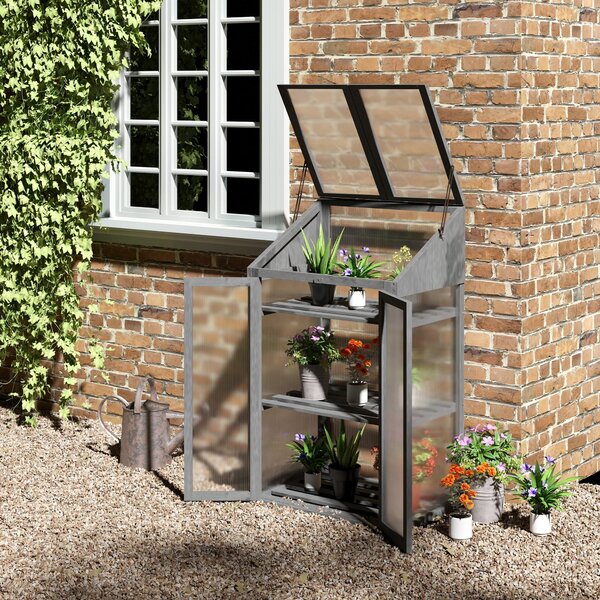 Outsunny Dřevěný Mini Skleník 70 x 50 x 120 cm, Skleník s Krytem, Okno, Dvojité Dveře, Světlo-Propouštějící Studený Rám se 3 Policemi, Zimní Ochranný