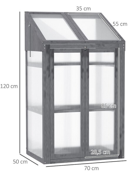 Outsunny Dřevěný Mini Skleník 70 x 50 x 120 cm, Skleník s Krytem, Okno, Dvojité Dveře, Světlo-Propouštějící Studený Rám se 3 Policemi, Zimní Ochranný